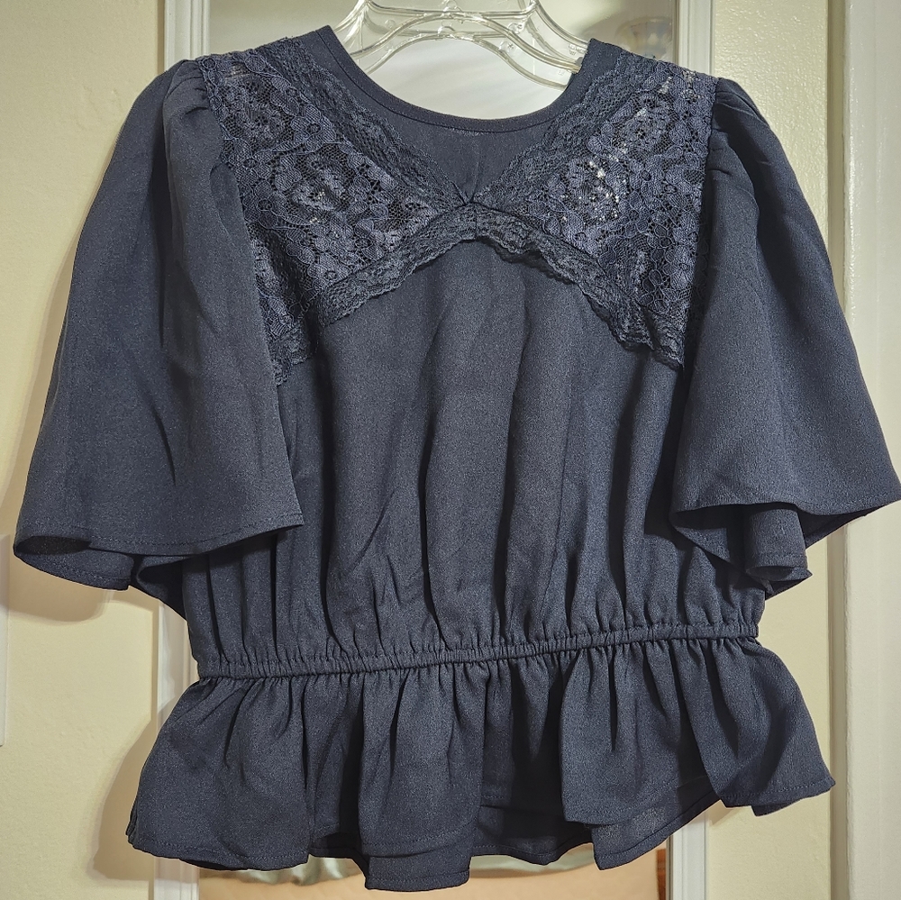Express Navy Blue Lace Open Back Top Blouse